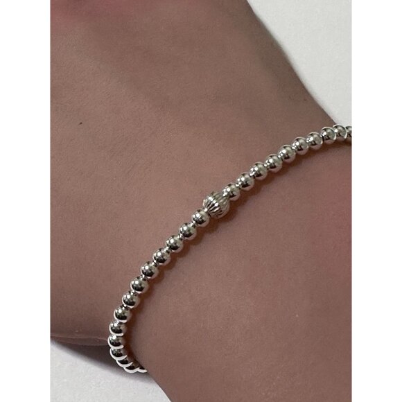 RAFANTHIA Jewelry - 925 Sterling Silver Beaded Stretch Stacking Bracelet Minimalist Corrugated Cente